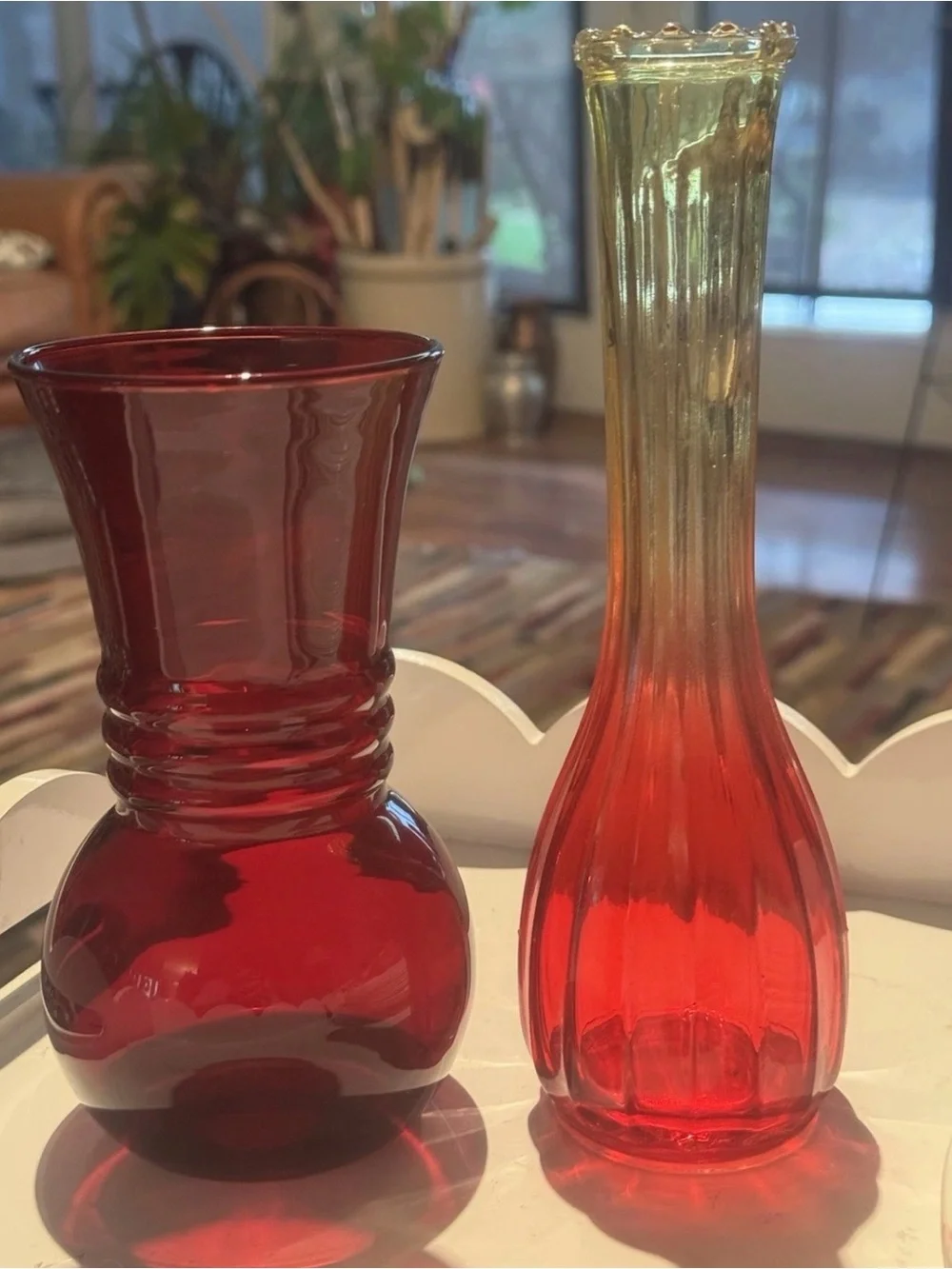 Vtg Ruby Red Anchor Hocking Ribbed Glass Vase 6.5” & Jeanette Fading Yellow/red
